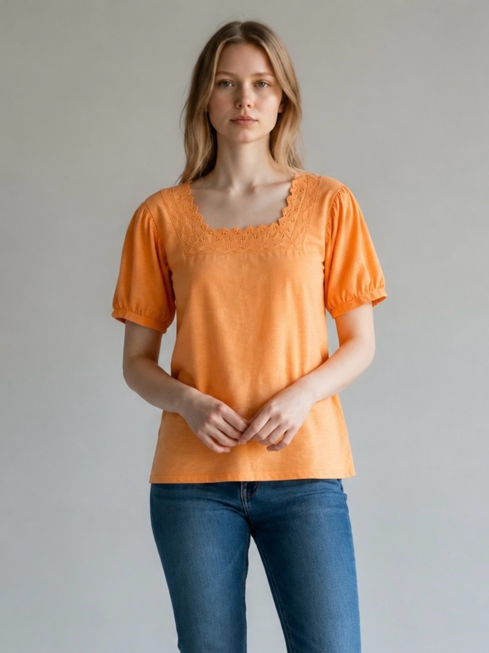 St. John's Bay Orange Embroidered Square-Neck Short Sleeve Top